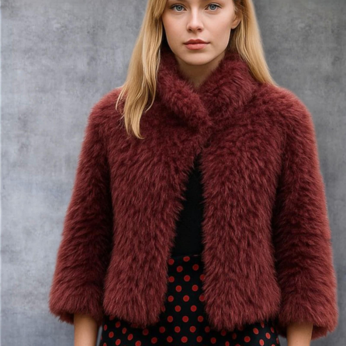 Jacheta scurta din material pufos visiniu cu maneci trei sferturi [3]