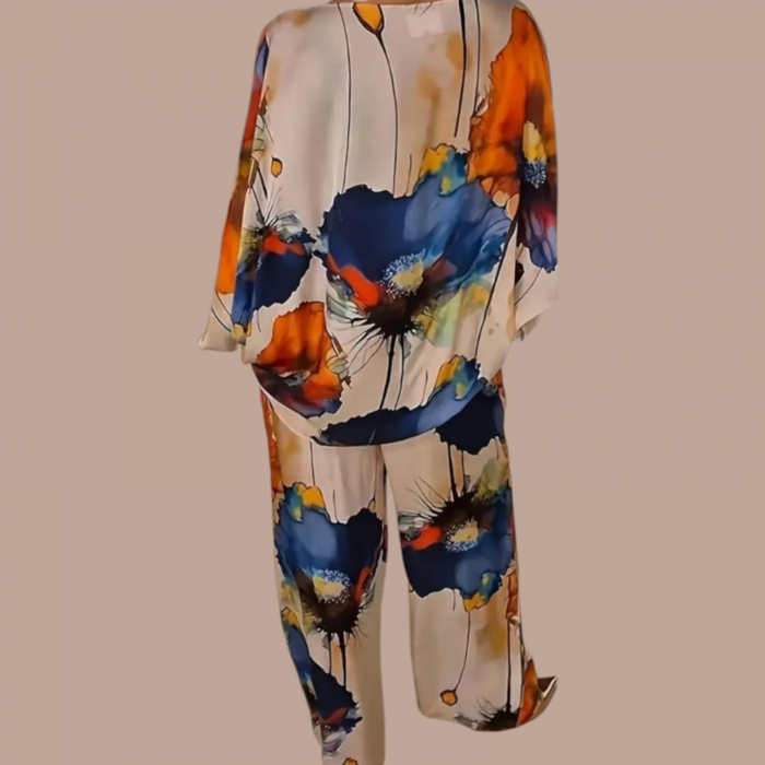 Set din Satin Compus din Pantaloni si Bluza Model Inflorat [2]