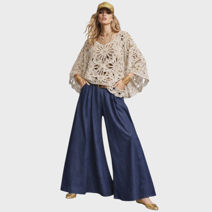 Bluza crem  din macrame tip poncho asimetrica cu paiete fine aurii [3]