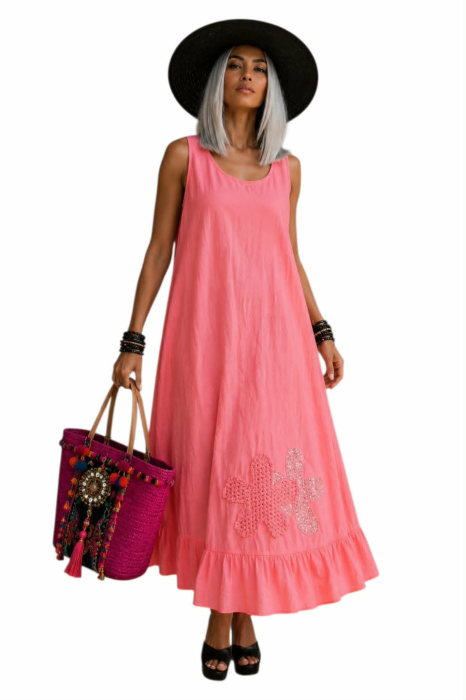 Compleu roz din bumbac  si model din macrame si paiete argintii [3]