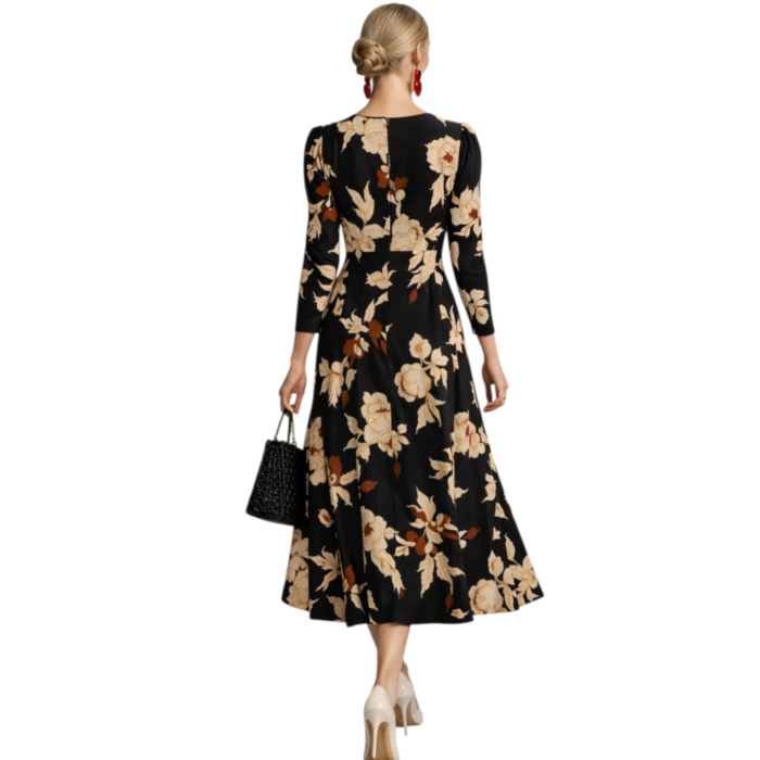 Rochie midi fond negru cu imprimeu floral crem [2]
