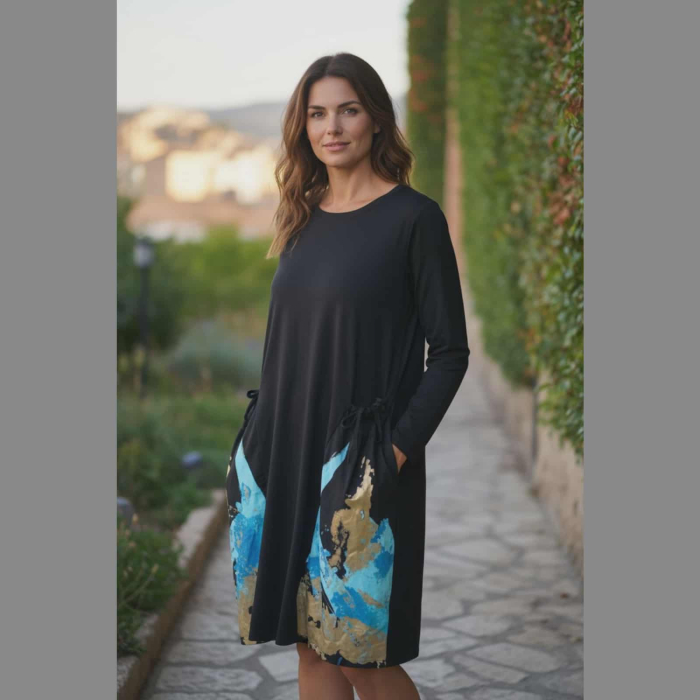 Rochie neagra midi cu imprimeu artistic albastru si auriu lejera si moderna [1]