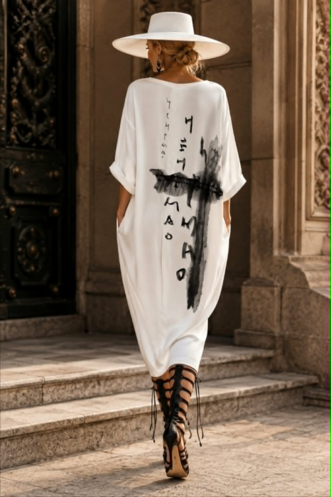 Rochie alba croi larg cu aplicatii din tulle negru si buzunare [3]