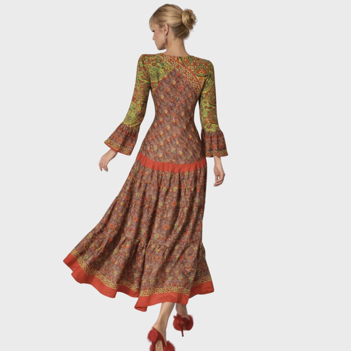 Rochie lunga colorata din matase indiana si volane la maneci [2]