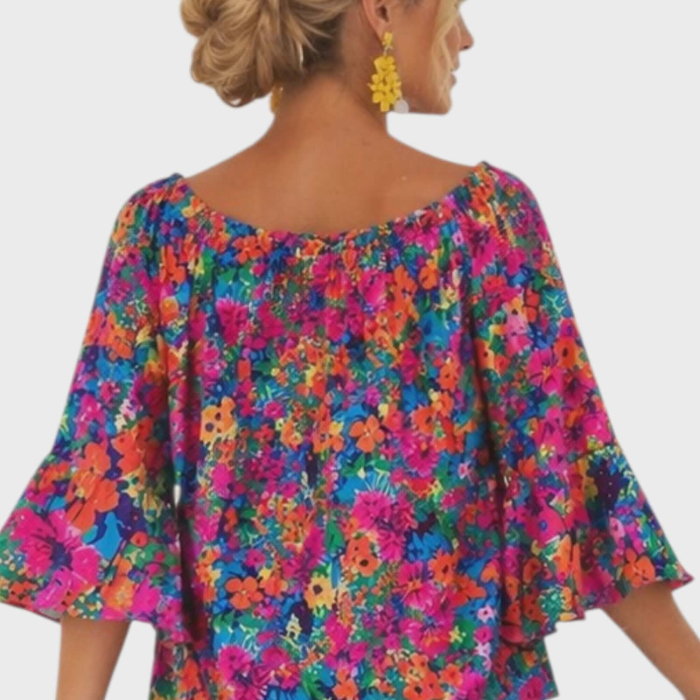 Bluza din bumbac cu elastic la decolteu si volane la maneci [2]