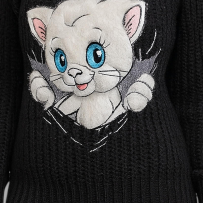 Pulover tricotat gros cu imprimeu pisica pufoasa si decolteu rotund [4]