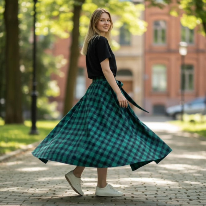 Fusta carouri verde  lunga clos cu banda elastica in talie [2]