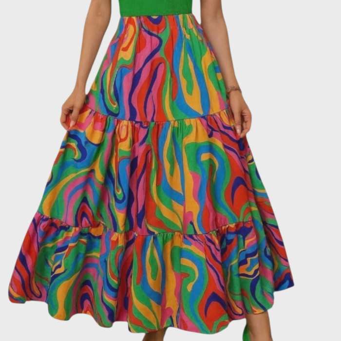 Fusta lunga multicolora cu volane si banda elastica in talie [2]