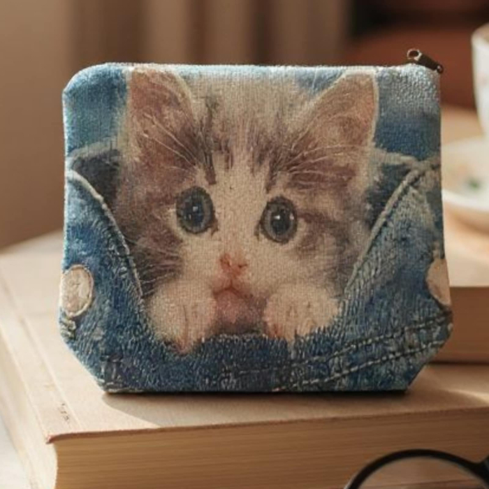 Portfard din material textil cu fermoar si desen pisica scumpa [2]