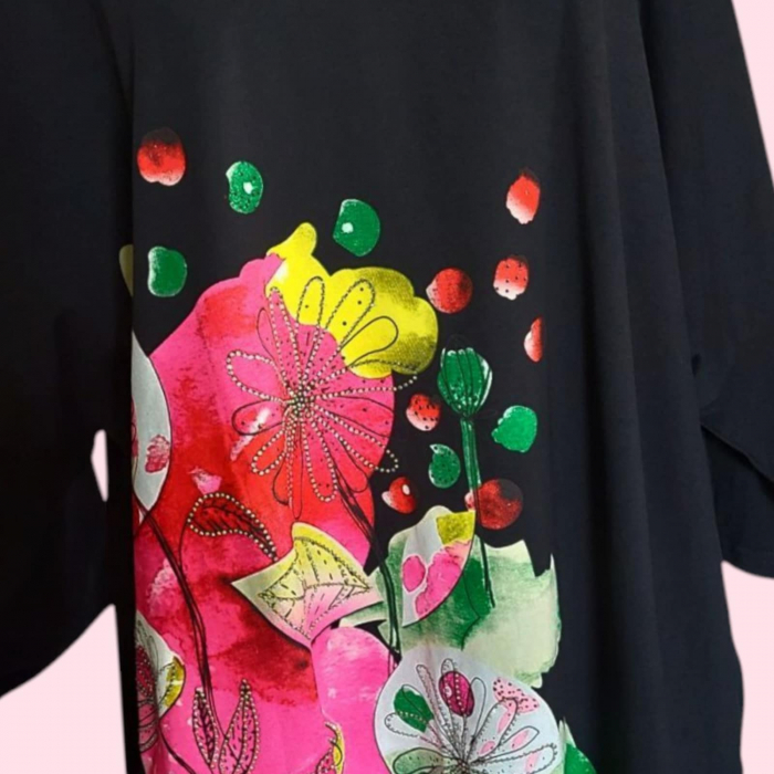 Rochie din Bumbac pe Fond Negru cu Imprimeu Colorat si Straturi [3]