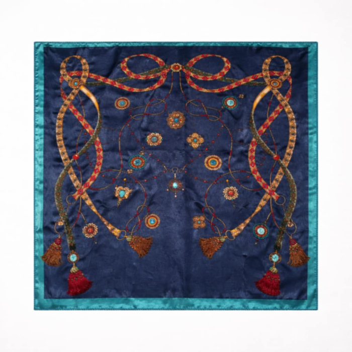 Esarfa din satin patrata cu imprimeu ciucuri pe fond albastru [2]