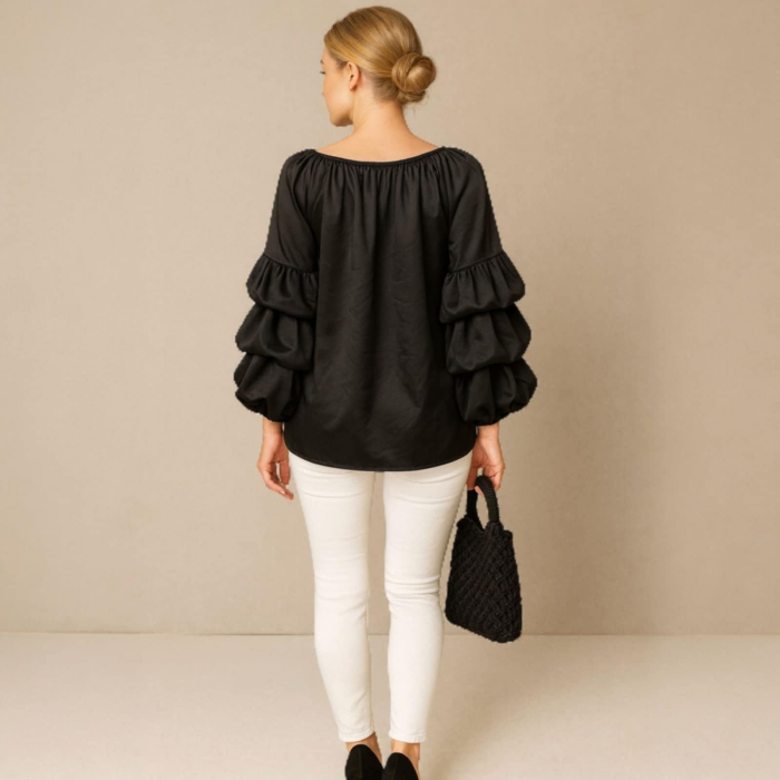 Bluze Neagra din Satin cu Maneci Volane Bufante si Decolteu Rotund [3]