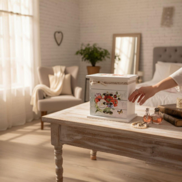 Cutie alba din lemn pentru bijuterii cu design floral tip Provence [3]
