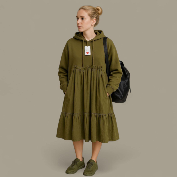 Rochie din bumbac tip hanorac in doua nuante de verde kaki cu buzunare laterale [1]