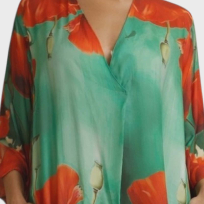 Rochie din satin croi larg cu imprimeu floral  maci rosii pe fundal verde [2]