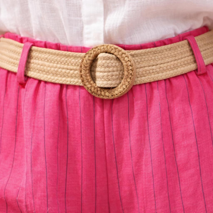 Pantaloni din in ciclam cu buzunare laterale si  curea [2]