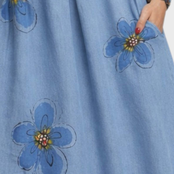 Rochie lunga din denim fin cu flori pictate si pietre colorate [2]