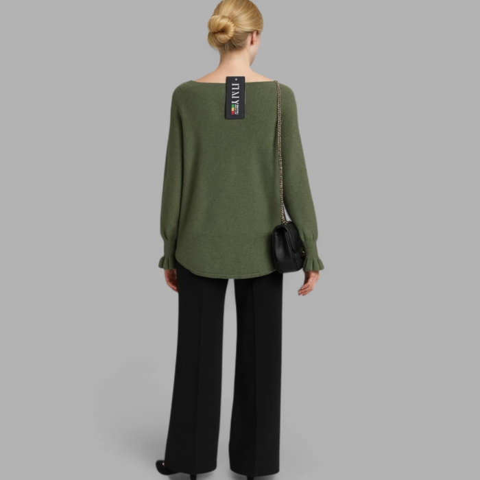 Pulover tricotat verde kaki  decolteu barcuta si volane la maneci [3]