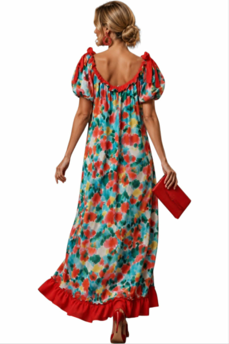 Rochie lunga imprimeu colorat elastic la decolteu si volan rosu [3]