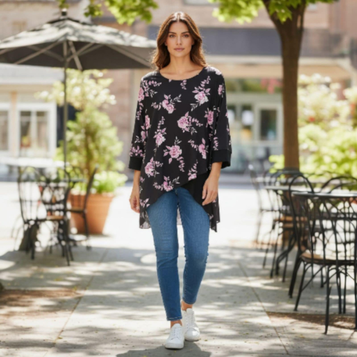 Bluza asimetrica pe fond negru cu trandafiri roz [1]