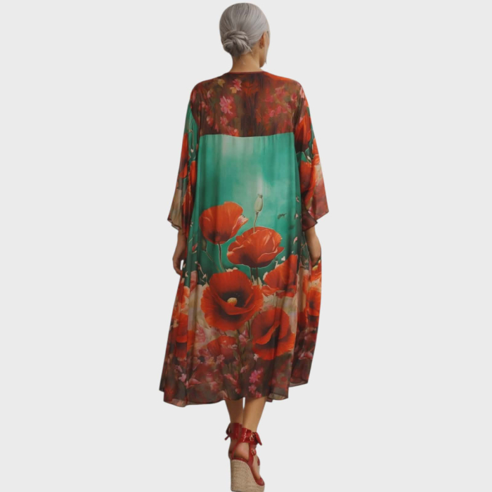 Rochie din satin croi larg cu imprimeu floral  maci rosii pe fundal verde [3]