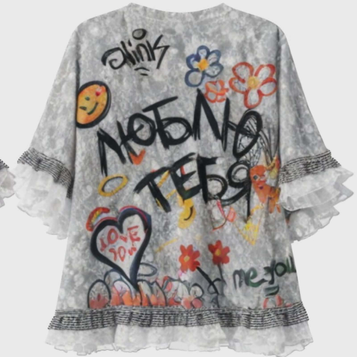 Bluza spectaculoasa din dantela gri si desen hello Kitty cu paiete si volane [3]