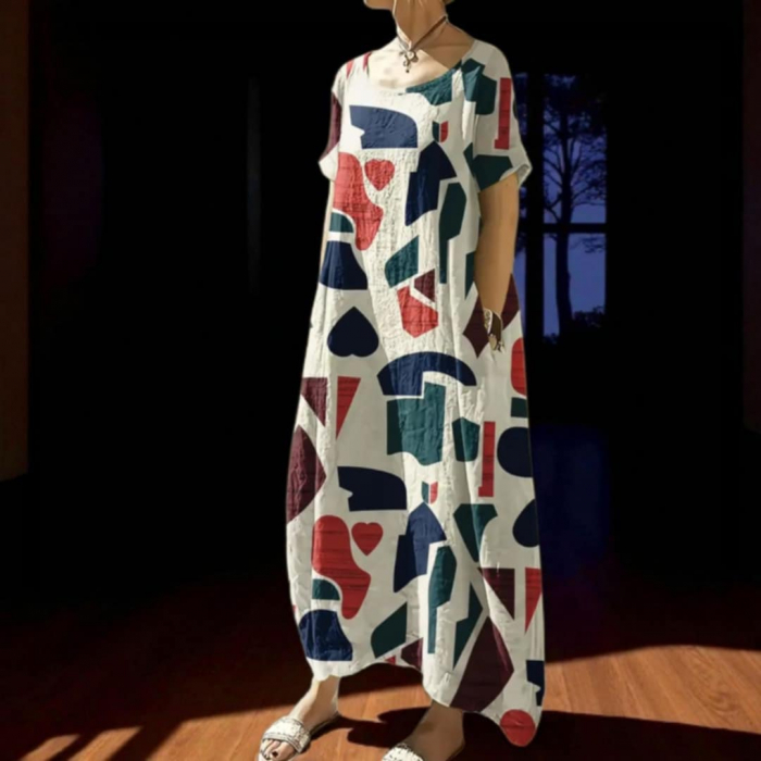 Rochie Croi Larg cu Desene Geometrice Colorate si Buzunare Laterale [1]