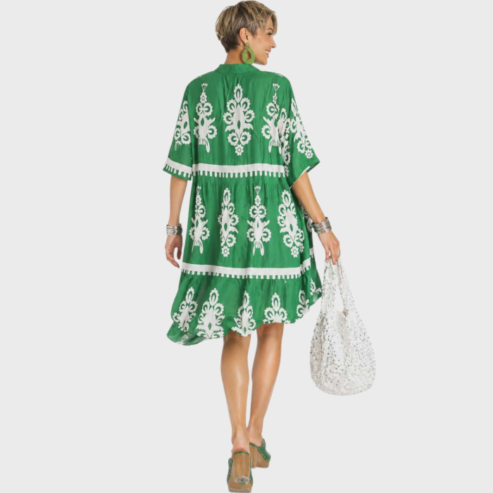 Rochie din bumbac pe fond verde cu imprimeu alb tip boho chic [2]