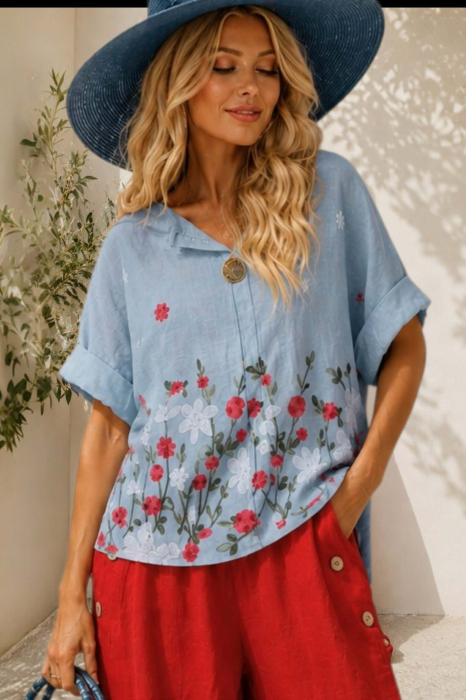 Bluza din in bleumarin brodata pentru marime mare [3]