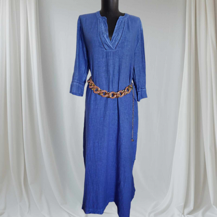 Rochie de Vara din In Bleumarin cu Broderie la Decolteu si Maneca [1]