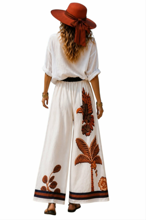 Pantaloni din bumbac croi larg cu imprimeu  tropical si buzunare [2]