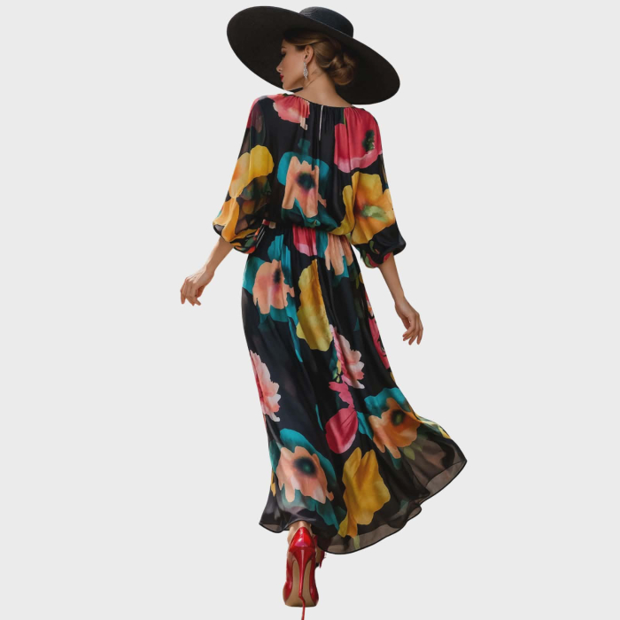 Rochie lunga din matase bluzat in talie pe fond negru si imprimeu floral [2]