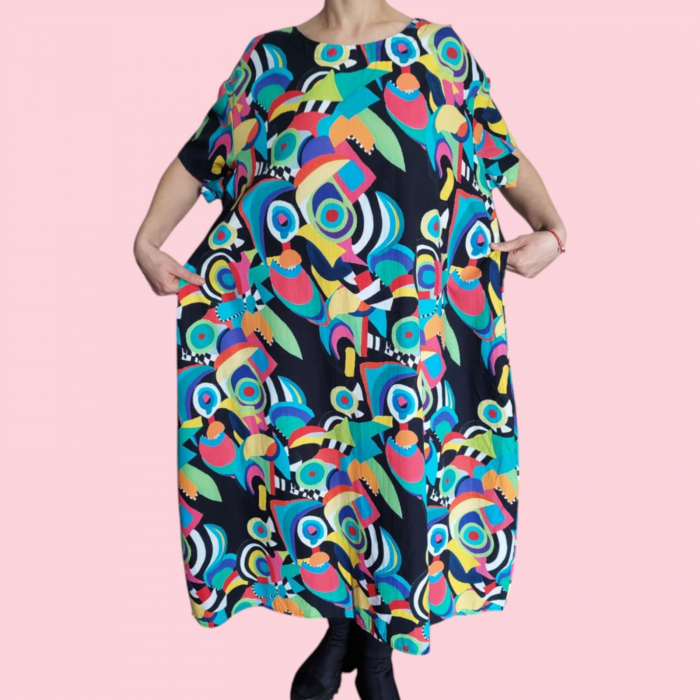 Rochie Colorata din Bumbac si Buzunare pentru Marime Mare [3]