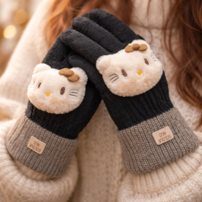 Manusi dama negre cu aplicatie pisica, manseta gri, material tricot [2]