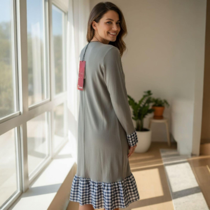 Rochie din bumbac casual gri si croi drept cu dantela in carouri [2]