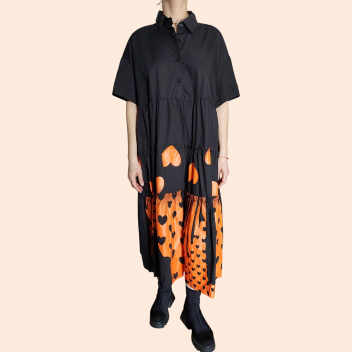 Rochie de Vara Tip Camasa pe Fond Negru si Imprimeu Portocaliu [4]