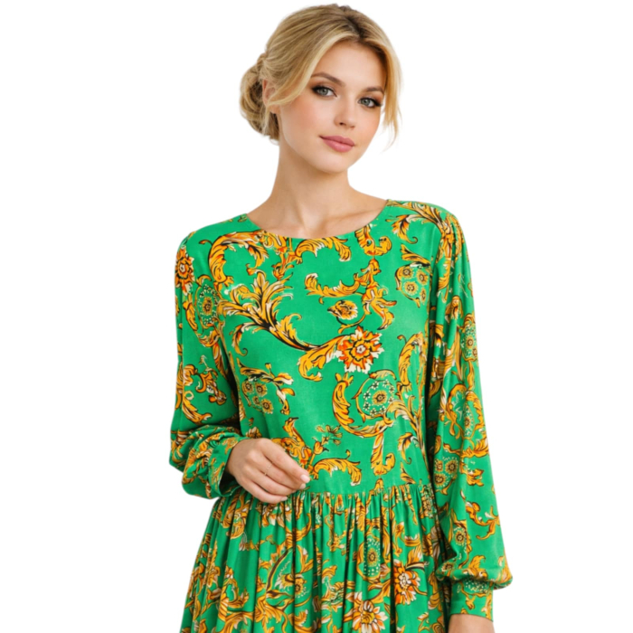 Rochie verde din bumbac  cu imprimeu baroc  si volane [3]