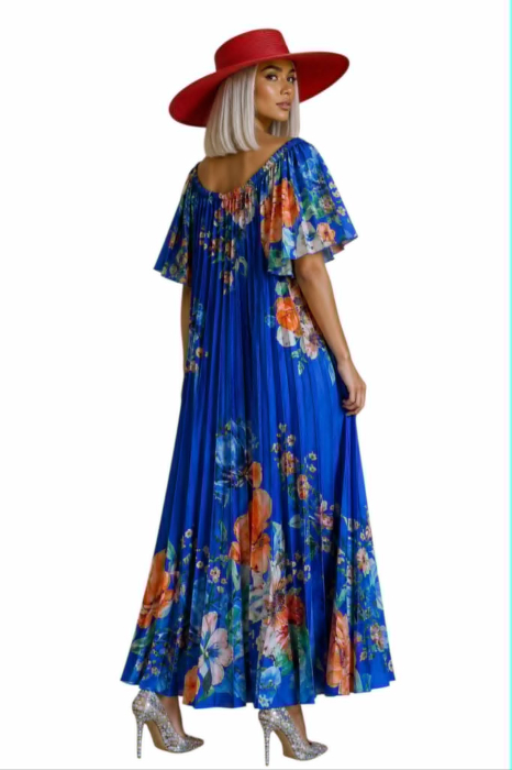 Rochie lunga plisata cu imprimeu floral cu elastic la decolteu [2]