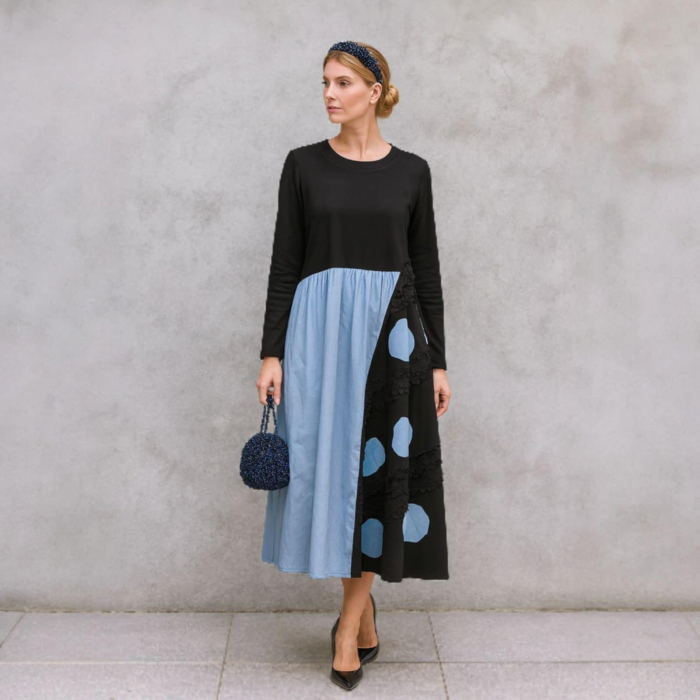 Rochie midi eleganta in doua culori  negru si albastru cu maneci lungi [1]