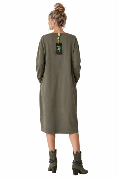 Rochie asimetrica  din bumbac verde kaki  cu  model brodat [2]