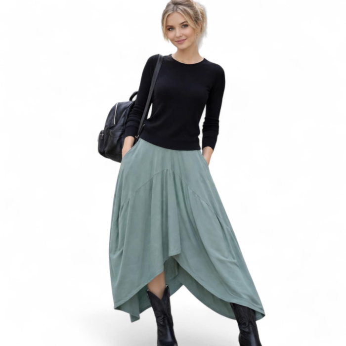 Fusta asimetrica vernil din bumbac cu banda elastica in talie [2]