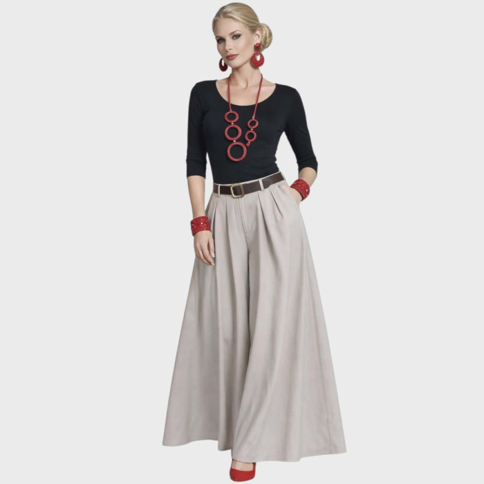 Fusta pantalon generoasa din stofa crem si centura in talie [2]