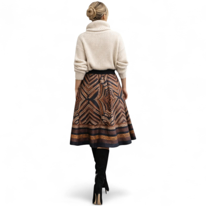 Fusta midi evazata cu imprimeu geometric in nuante de maro si negru [3]