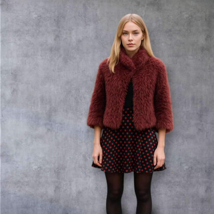 Jacheta scurta din material pufos visiniu cu maneci trei sferturi [1]