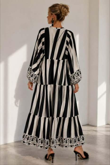 Rochie lunga din bumbac cu imprimeu abstract in alb si negru [3]