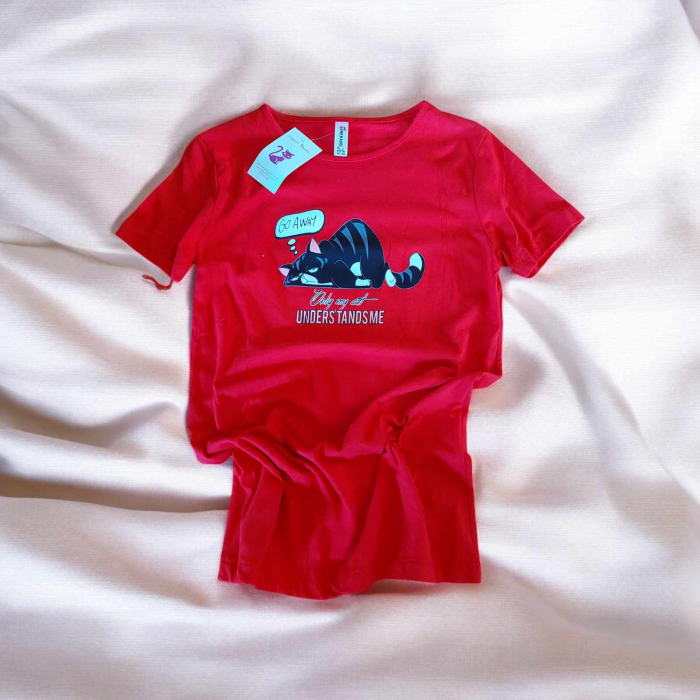 Tricou rosu  din bumbac cu imprimeu  pisica lenesa [1]