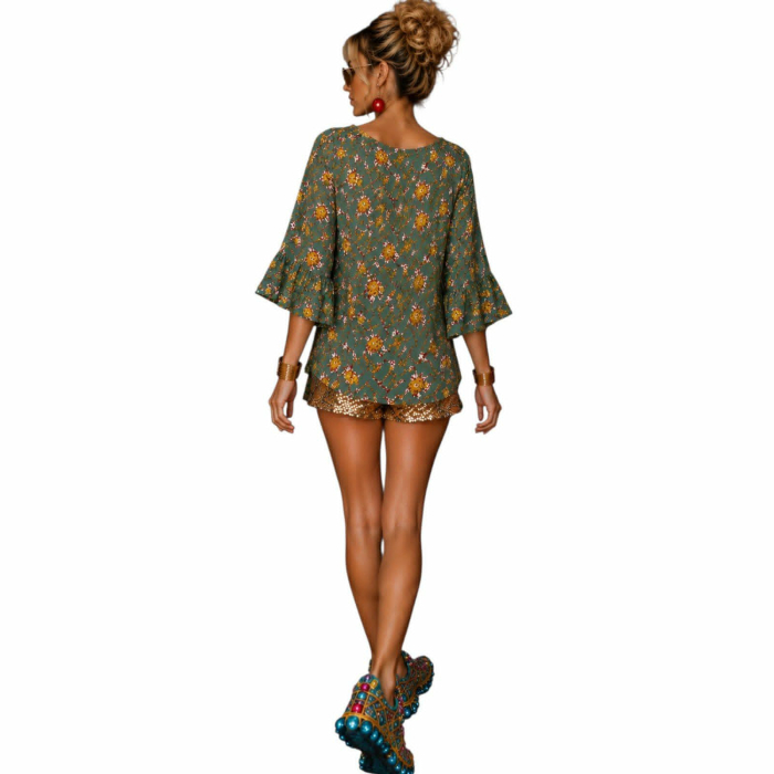 Bluza fond  verde cu imprimeu floral si volane la maneci [2]