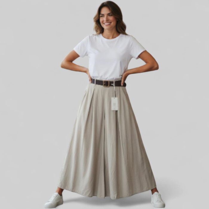 Fusta pantalon generoasa crem din reiat fin cu centura inclusa [3]