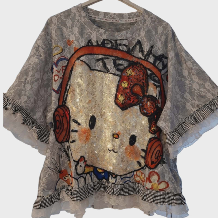 Bluza spectaculoasa din dantela gri si desen hello Kitty cu paiete si volane [2]