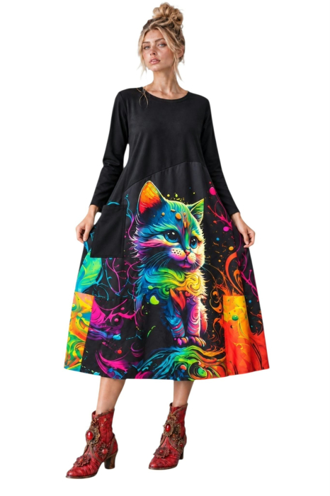 Rochie din bumbac croi larg si desen pisica colorata [2]